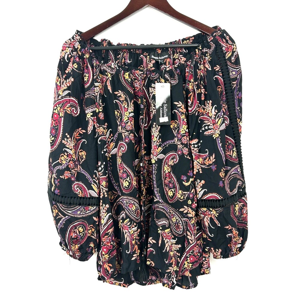 Ronnie Salloway M Blouse Tassel Tie Floral Long Sleeve Off‎ Shoulder Pullover